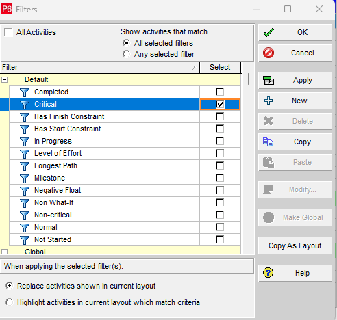 Primavera P6 Filter By Customize dialog with the built-in Critical filter checkbox selected.