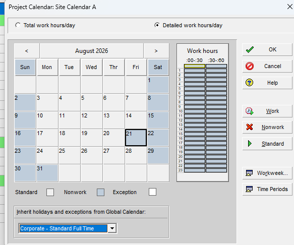 Primavera P6 Calendars dialog on the Project tab, showing a project calendar's standard work week grid and holiday exception list.