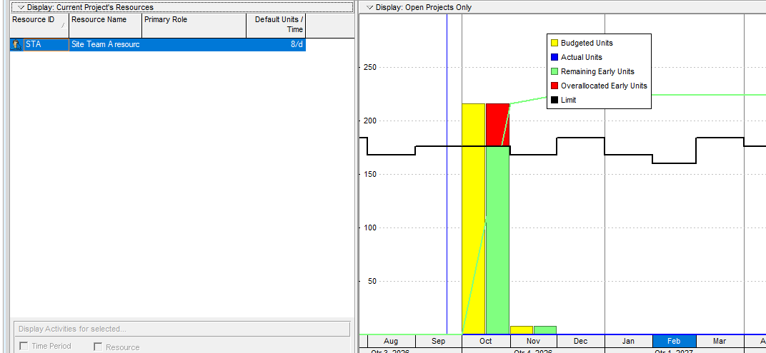 Primavera P6 Resource Usage Profile bar chart for one resource, showing a single bar spiking well above the surrounding bars representing other periods.